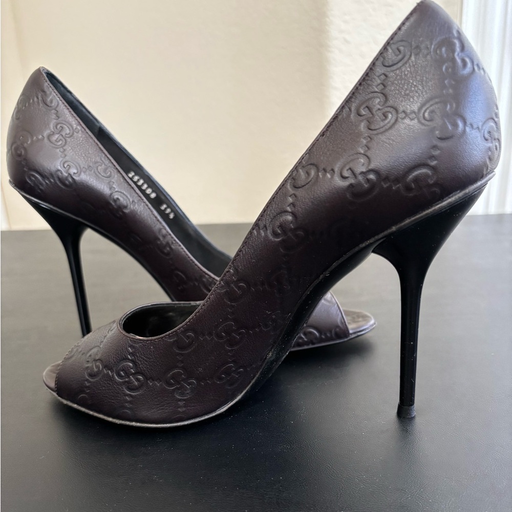 Gucci Monogram Guccissima Peep-Toe Heels